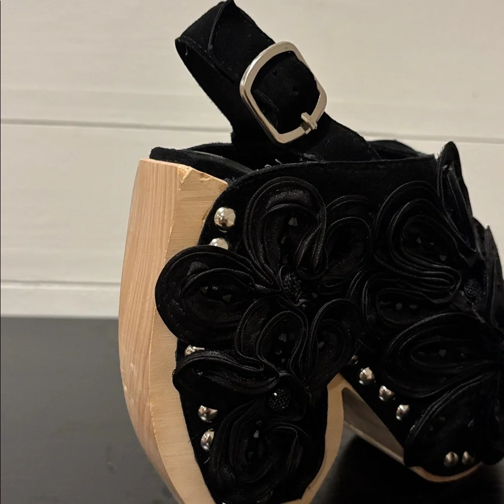 Jeffrey Campbell Wood Platform Satin Floral Jeweled Suede Clog/Sandals Size 6 - Picture 9 of 10